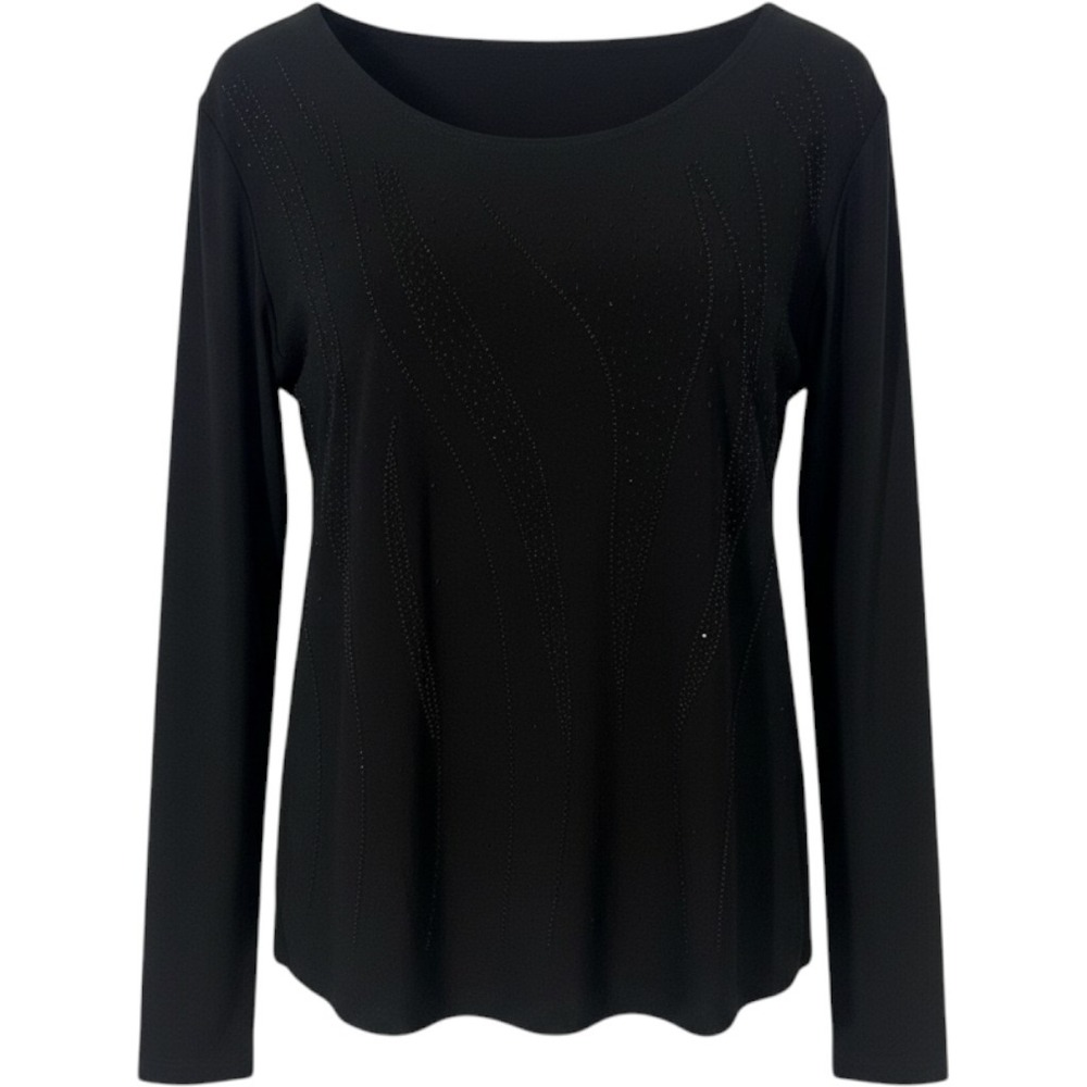Vtg Bleeker & McDougal Beaded Top XL Minimalist Wave Detail Black Long Sleeve